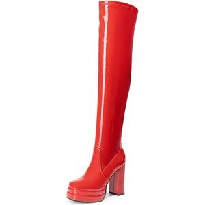 Women's Red-pat Polyurethane (PU) Square Toe Over The Knee Thigh High Boots